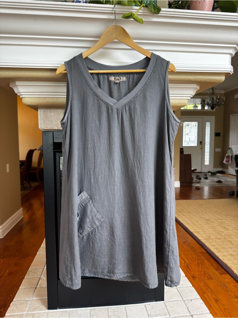 Flax Linen Sleeveless Tunic Dress V-Neck Midi Boho Eurosummer Minimalist